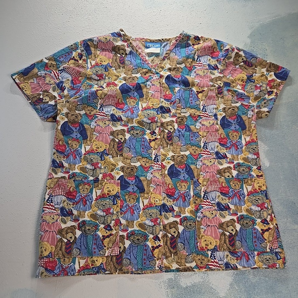 VTG‎ Crest Teddy Bear Patriotic Women L Scrub Top Multi USA Unisex Men Oversized